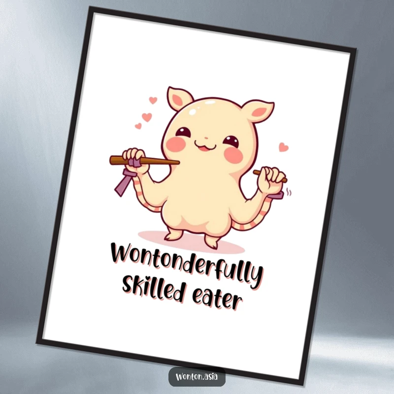 Funny Free Printable Wall Art: A happy wonton performing an impressive chopstick juggling act with its flexible wrapper tentacles.