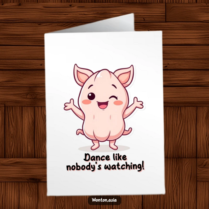 Funny free printable birthday card featuring a smiling wonton character dancing energetically with wavy arms, radiating pure joy.