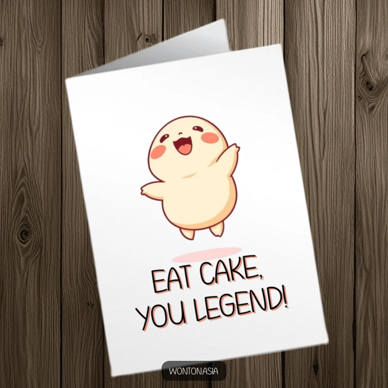 Funny Free Printable Birthday Card featuring a cheerful wonton dumpling with tiny legs enthusiastically doing cartwheels, full of birthday cheer.