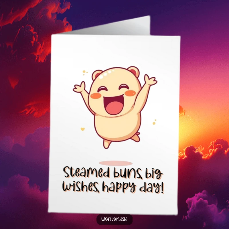 Funny Free Printable Char Siu Bao Birthday Card: Excited dumpling character leaping with pure, unadulterated, delicious joy.