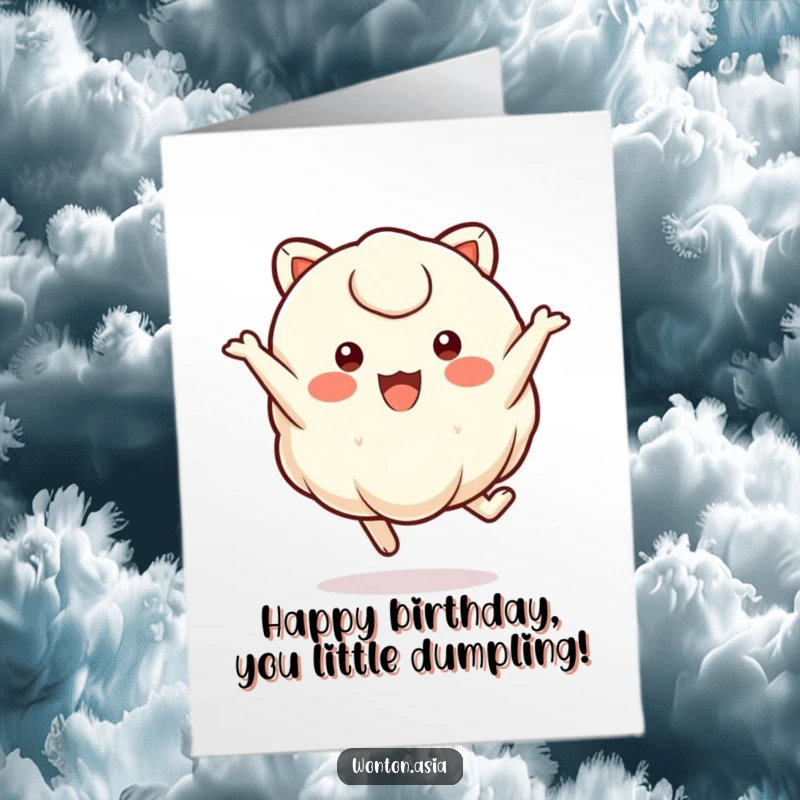 Funny free printable birthday card showcasing a happy wonton character with small round eyes performing an energetic, joyful leap.