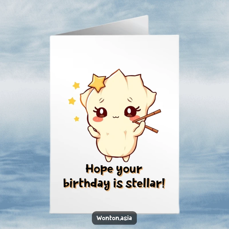 Funny free printable birthday card featuring a wonton character with starry eyes playfully juggling chopsticks with great skill.