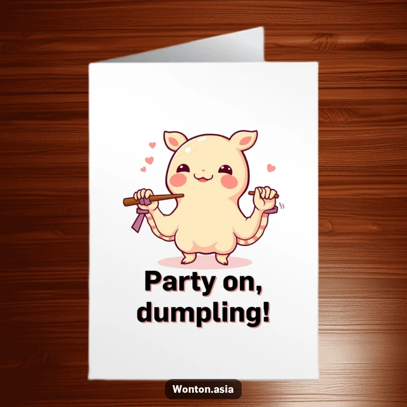 Funny Free Printable Birthday Card of a happy wonton juggling chopsticks with its wrapper tentacles, a playful birthday wish.