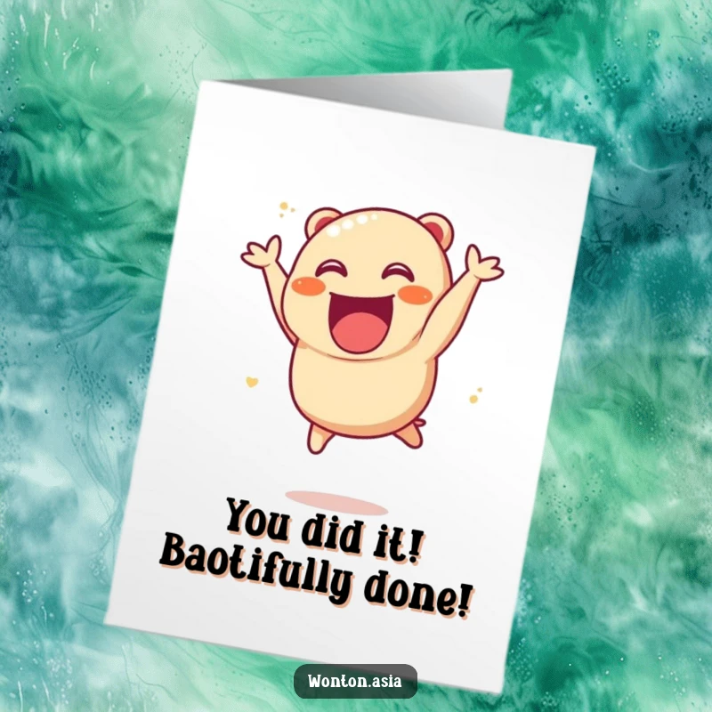 Funny Free Printable Char Siu Bao Congratulations Card: Excited dumpling character leaping high to celebrate a big win.