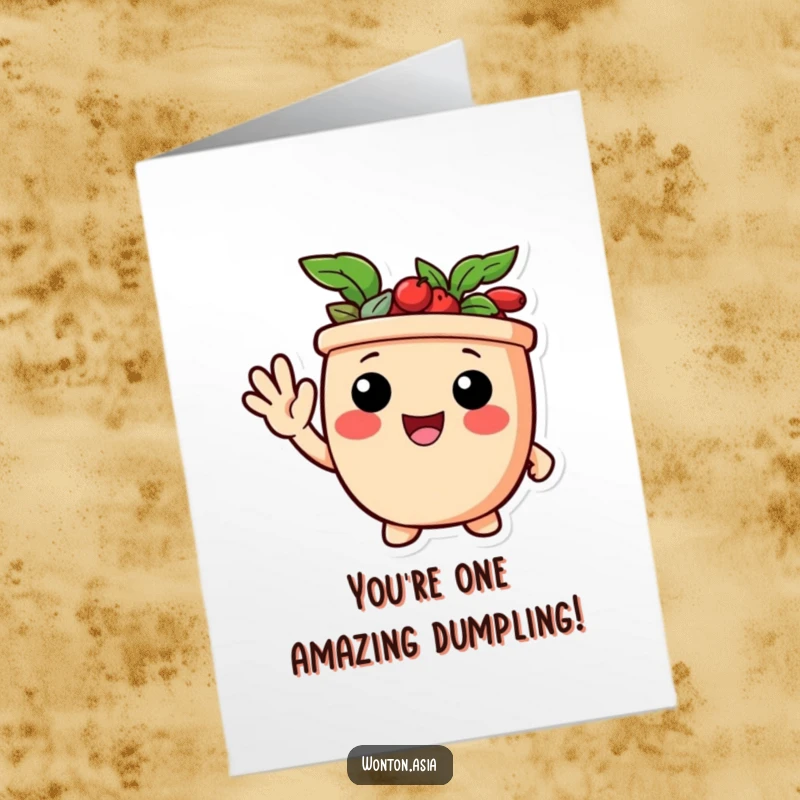 Funny Free Printable Congratulations Card: A happy potsticker character waving warmly, celebrating a success with delight.