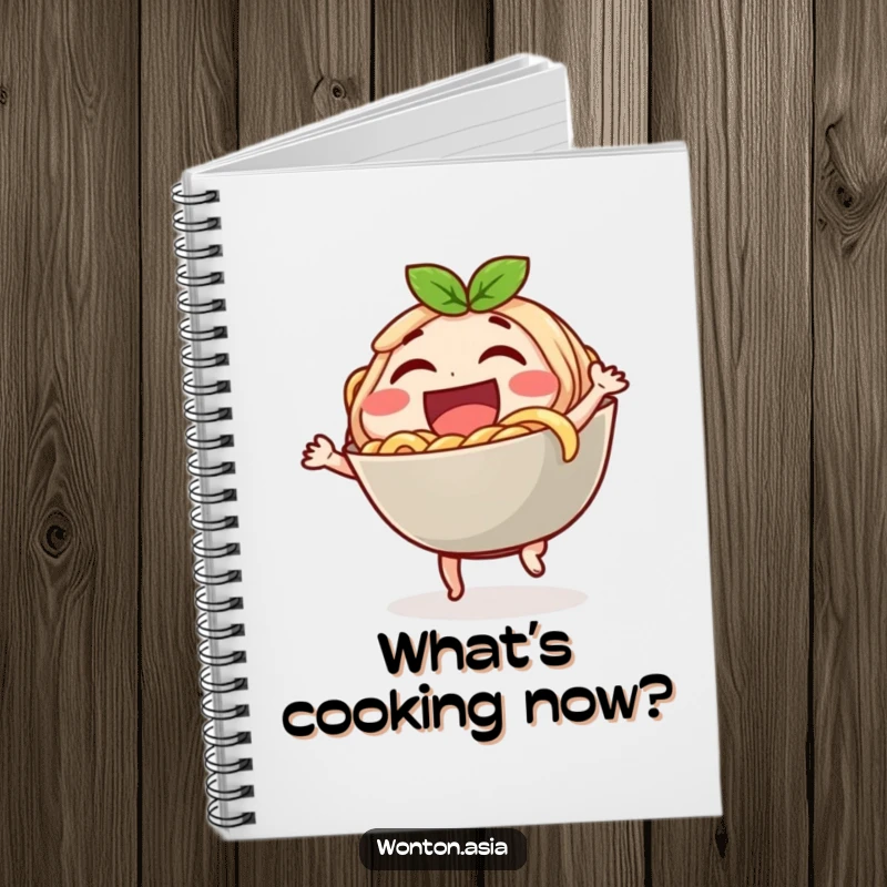 Funny notebook with a laughing noodle bowl character doing a little dance, perfect for jotting down tasty ideas.