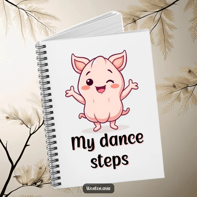 Funny Notebook: Smiling wonton character with energetic, wavy arms dancing; perfect for capturing creative thoughts humorously.