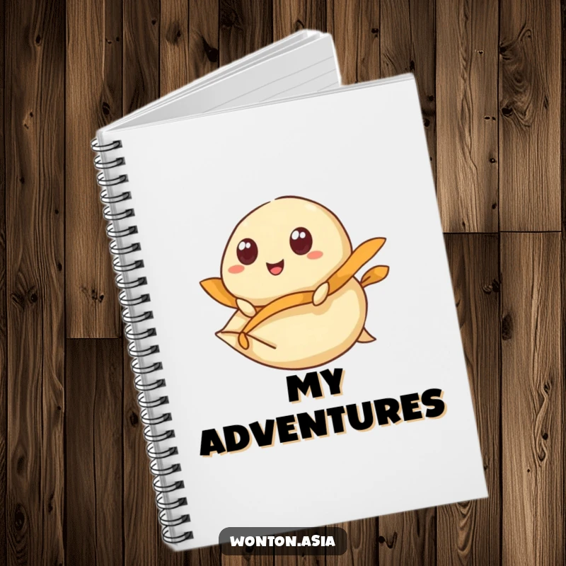 Funny Notebook: Wonton with wide, happy eyes, riding a flying dumpling wrapper; perfect for capturing adventurous thoughts humorously.