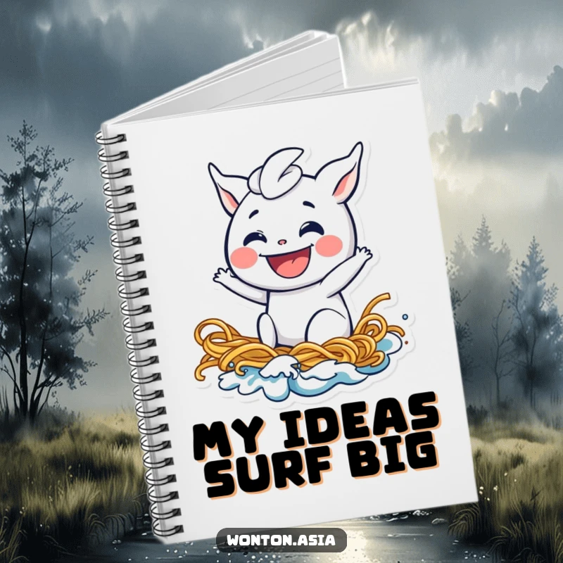 Funny wonton notebook showing a playful dumpling with a wide grin riding a noodle wave, perfect for notes with a fun, food-related twist.