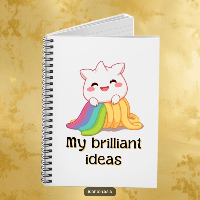 Funny Notebook: Cheerful wonton character with a wide smile, sliding down a vibrant rainbow noodle; perfect for capturing thoughts humorously.