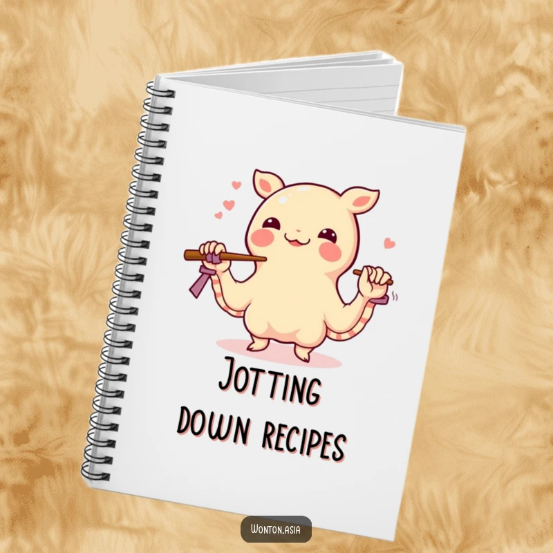 Funny wonton notebook showing a happy dumpling juggling chopsticks with its wrapper tentacles, perfect for notes with a fun, food-related twist.