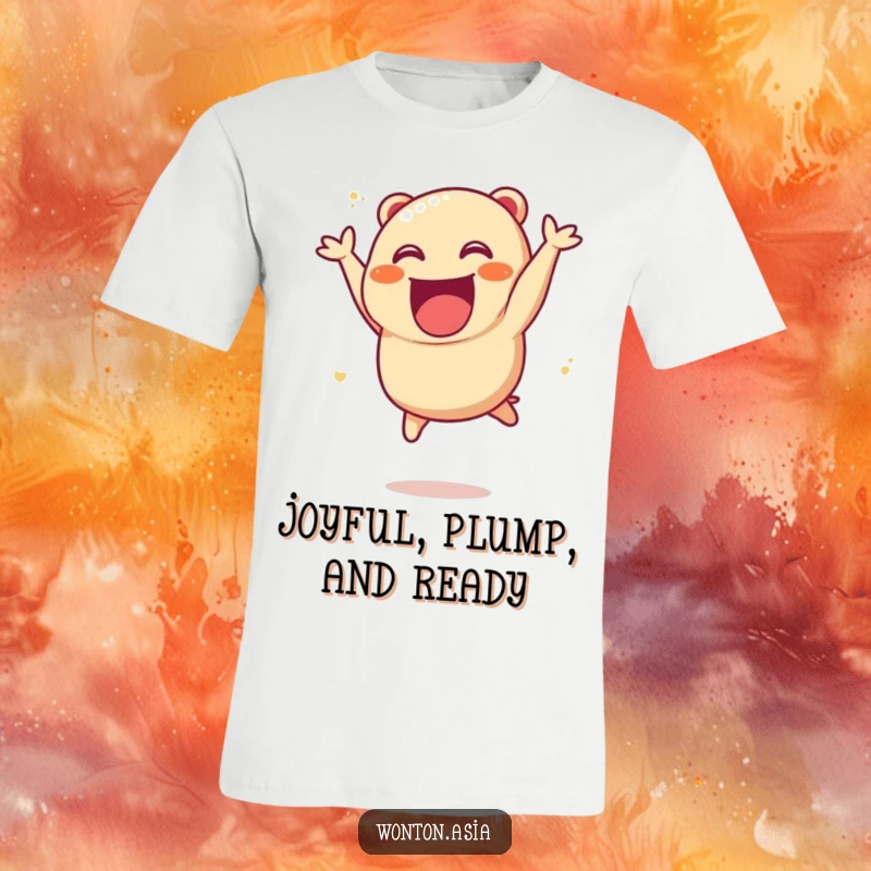 Funny Char Siu Bao T-Shirt featuring an ecstatic, leaping dumpling character radiating pure happiness and energy.