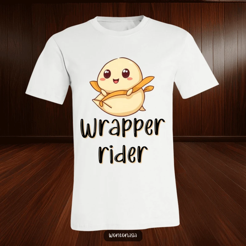 Funny T-Shirt: Wonton character with wide, happy eyes, joyfully riding a flying dumpling wrapper through the air.