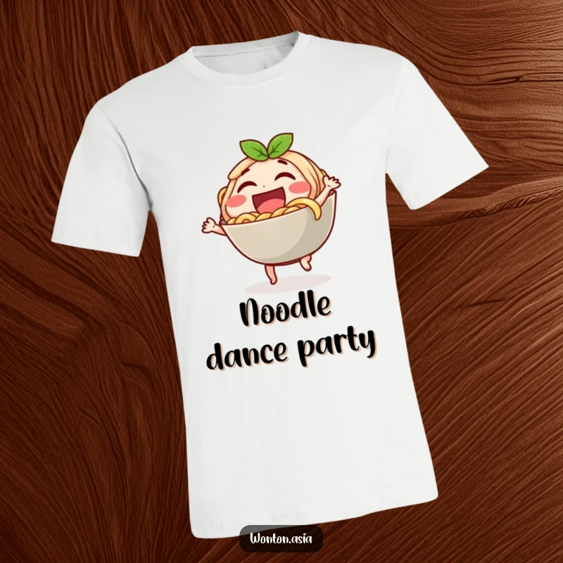 Funny t-shirt showcasing a laughing noodle bowl character performing a cheerful little dance, full of foodie joy.