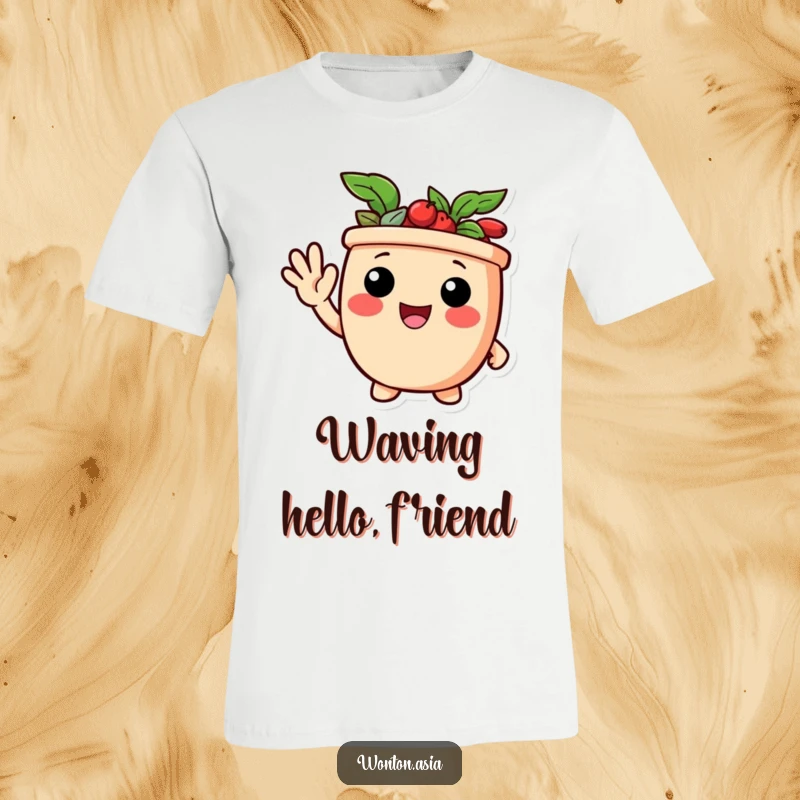 Funny t-shirt showcasing a delighted potsticker character with a happy expression, giving a friendly wave to everyone.