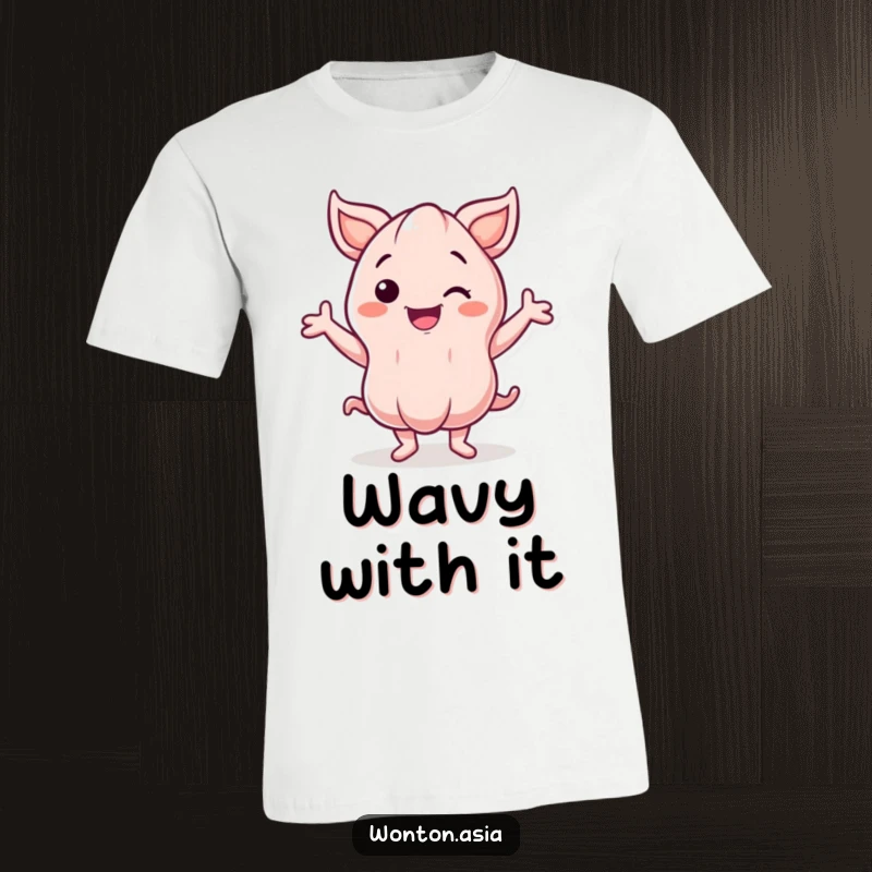 Funny T-Shirt: Smiling wonton character with energetic, wavy arms dancing with pure joy and enthusiasm; a celebration of movement.