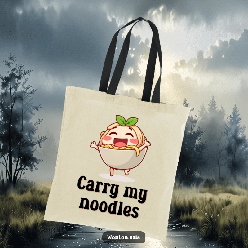 Funny tote bag depicting a laughing noodle bowl character doing a little dance, a humorous and practical accessory.