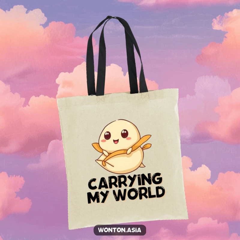 Funny Tote Bag: Wonton with wide, happy eyes riding a flying dumpling wrapper; a humorous and practical accessory for adventurers.