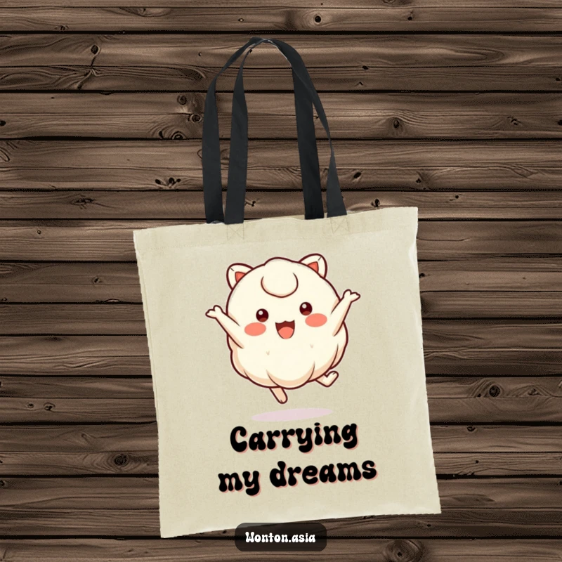Funny wonton character with small, round eyes joyfully leaping, a humorous and practical tote bag.