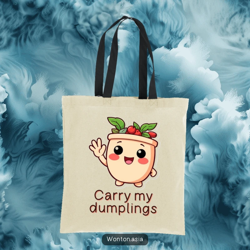 Funny tote bag depicting a delighted potsticker character with a friendly wave, a charming and humorous carry-all.