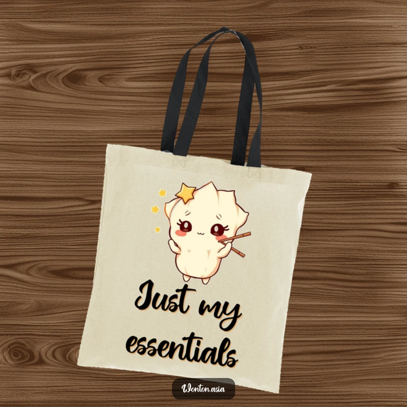 Funny Tote Bag: Wonton character with starry eyes, playfully juggling chopsticks; a humorous and practical accessory for food lovers.