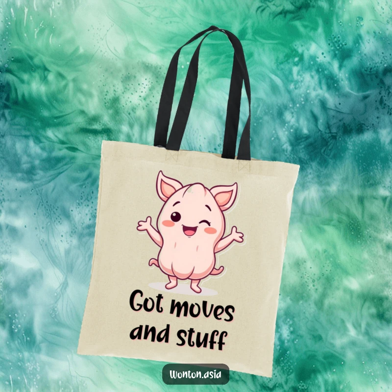 Funny Tote Bag: Smiling wonton character with energetic, wavy arms dancing; a humorous and practical accessory for dancers.